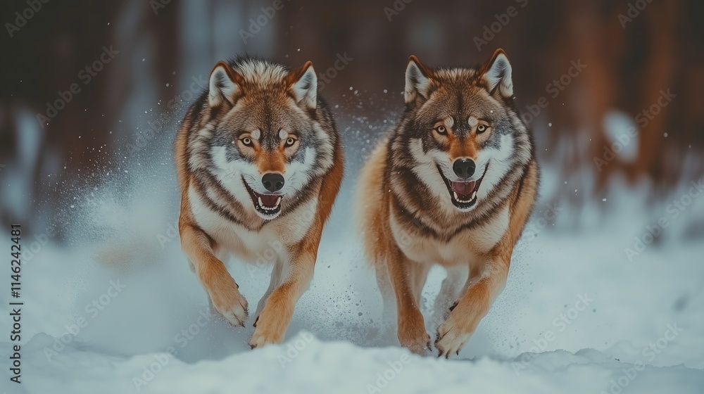 Wolves running through snowy terrain in a forest Wolves running through snowy terrain in a forest