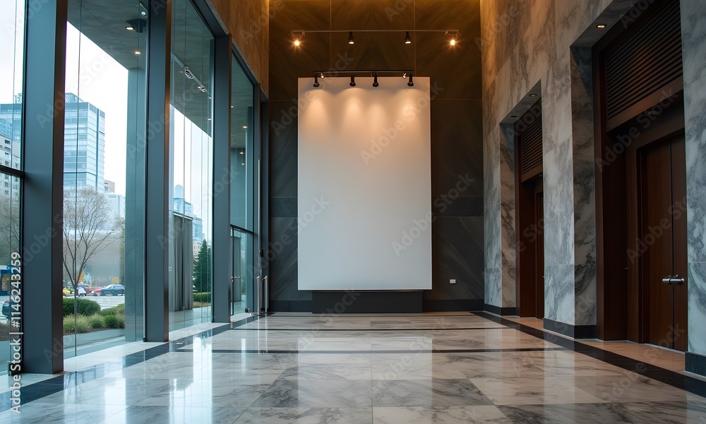 Trade Show Banner Mockup features a spacious, modern lobby with marble flooring and large glass windows, emphasizing elegance and professionalism. Trade Show Banner Mockup features a spacious, modern lobby with marble flooring and large glass windows, emphasizing elegance and professionalism.