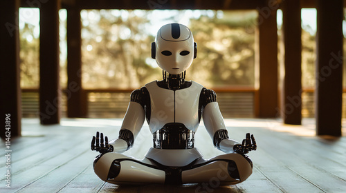 A humanoid robot sits in a peaceful meditation pose, showcasing a blend of technology and tranquility in a serene environment filled with natural light