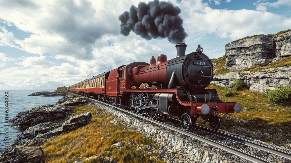 Obraz premium Vintage steam train journey along scenic coastal railway.