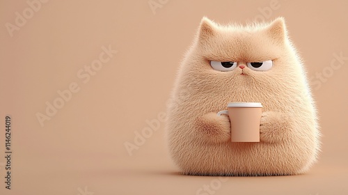 Grumpy fluffy cat holding coffee cup. (1)