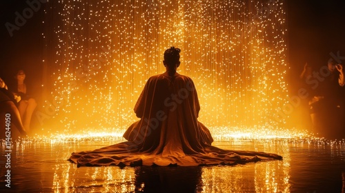 Person in meditative pose before a fiery, sparkling background, surrounded by others. photo