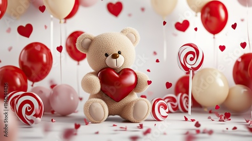 A cute 3D teddy bear holding a heart, surrounded by colorful balloons and lollipops, set against a festive Valentine's Day background. The image captures a joyful, playful, and romantic atmosphere, pe