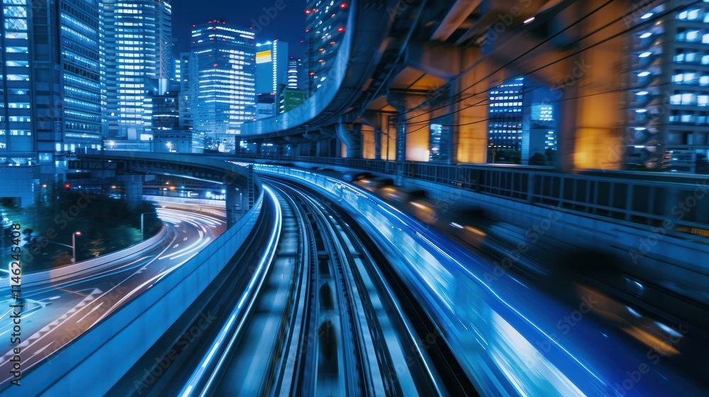 Nighttime Cityscape with Train and Elevated Highway Nighttime Cityscape with Train and Elevated Highway