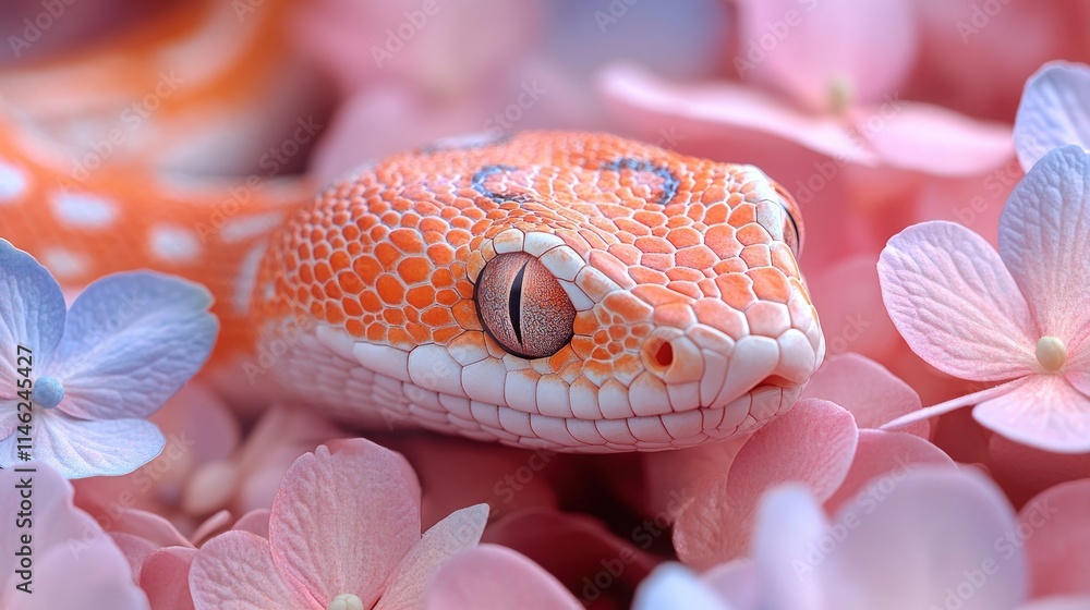 Fototapeta premium Close-up of an orange snake among pink and blue flowers.