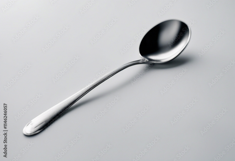 A gleaming stainless steel spoon isolated against a pristine white background embodies the essence o A gleaming stainless steel spoon isolated against a pristine white background embodies the essence o