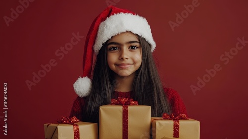 Funny indian latin preteen girl wears santa hat looking at camera holding many gifts boxes standing isolated on red background. Merry Christmas presents shopping sale, Happy 2022 New Year celebration