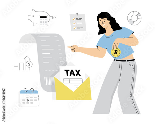  Tax payment concept, Federal taxation. Mailing Tax Return, Postal Service. Payment of a bill, check, invoice. Woman looking at tax form. Vector illustration on isolated white background.	
