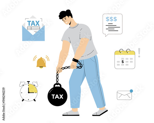 Taxation, High Personal Income Tax Rates. A man hardly lifts a large weight with Tax chained to him. large taxpayers. Vector illustration on isolated white background.	
