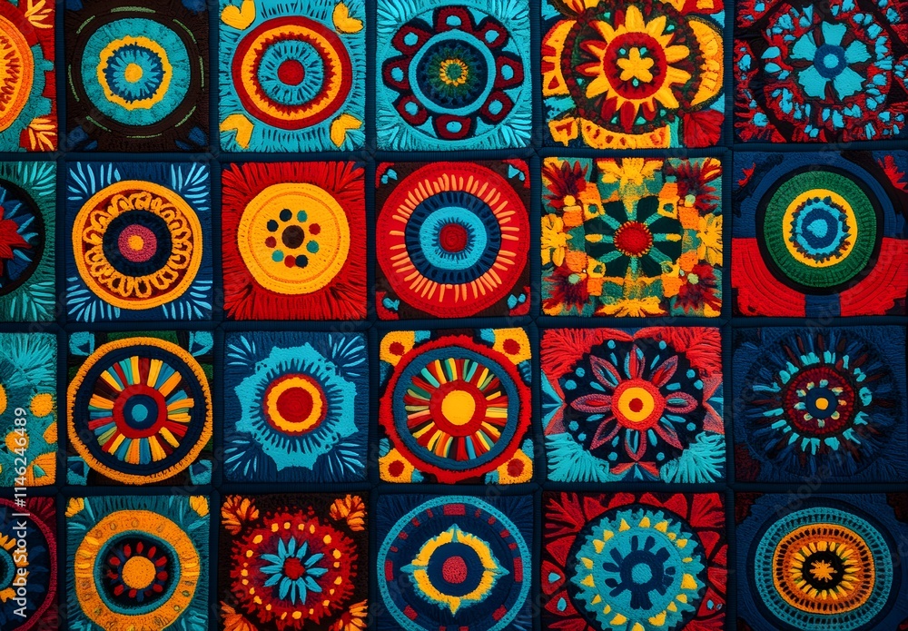 A grid of mandala designs in various sizes and colors, arranged to form an abstract pattern. Each design is filled with intricate patterns and vibrant hues, creating a harmonious visual experience A grid of mandala designs in various sizes and colors, arranged to form an abstract pattern. Each design is filled with intricate patterns and vibrant hues, creating a harmonious visual experience