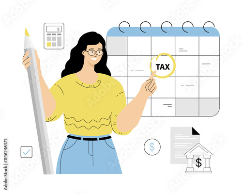 Tax payment deadline, planning payments on calendar schedule, calculation. Concept of regular monthly tax or credit bill pay planning. Vector illustration on isolated white background.	
