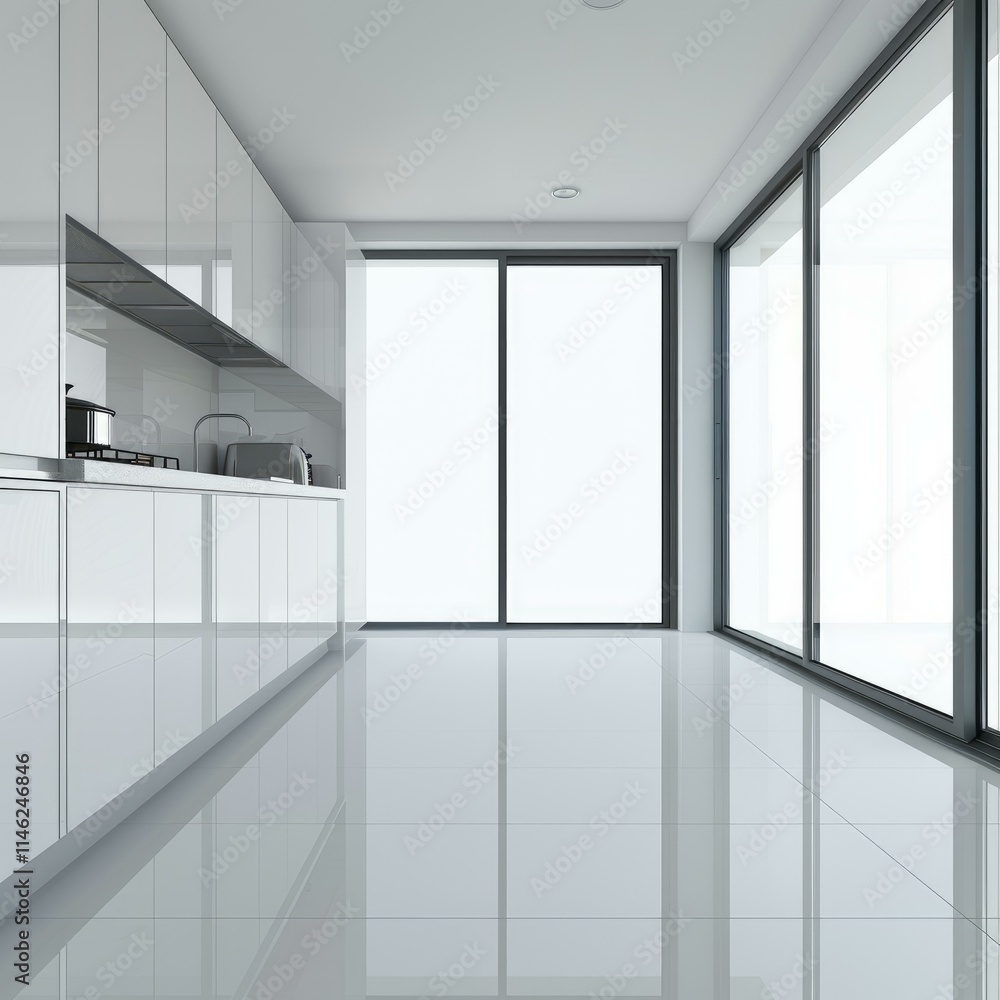 Modern white minimalist kitchen with large windows illuminating the room and shiny floor Modern white minimalist kitchen with large windows illuminating the room and shiny floor