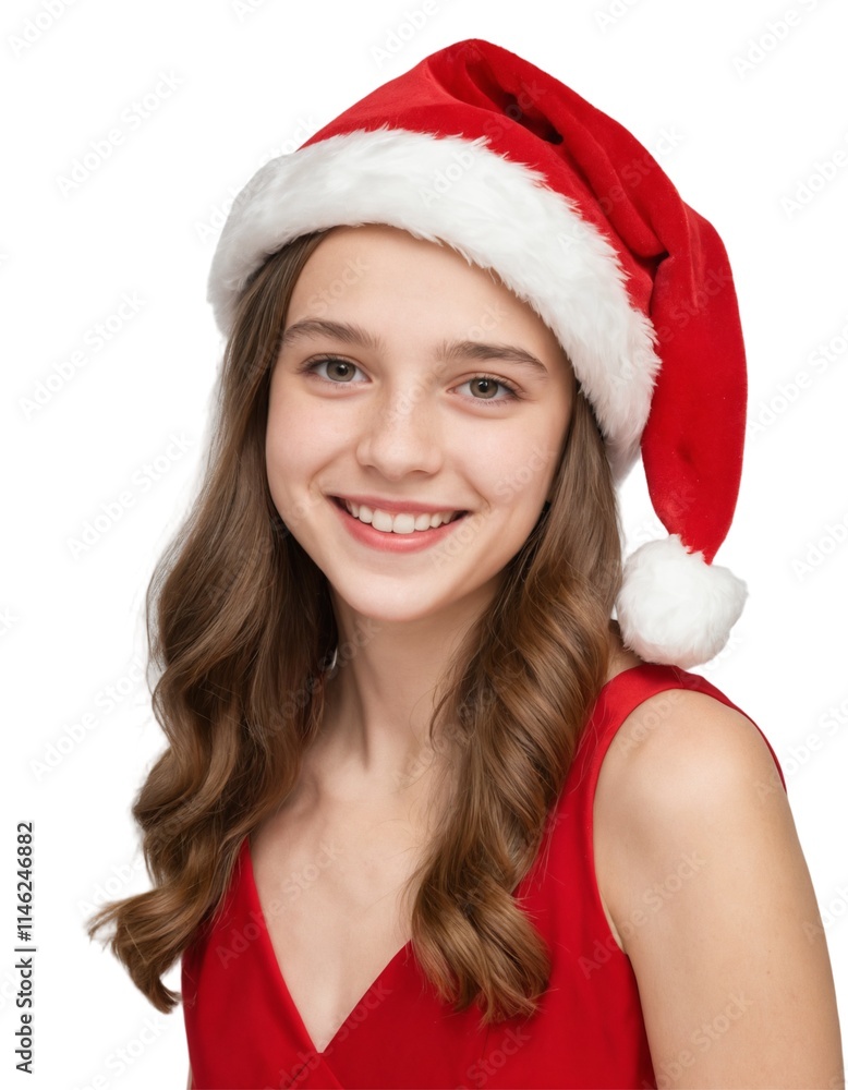 mature woman wearing a Christmas hat, long hair, wearing a red dress, happy face. white background. ai generator mature woman wearing a Christmas hat, long hair, wearing a red dress, happy face. white background. ai generator