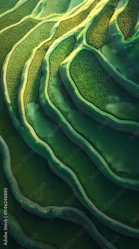 Fototapeta premium Green and blue sunrise rice field poster background