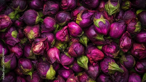 Close-up of many dried dark pink rose buds.