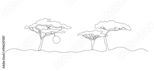 African savannah one continuous line illustration. Hand drawn doodle sketch