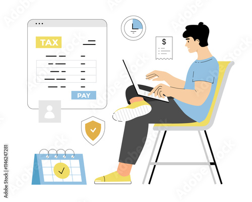  Tax calculation, making income tax return. Personal financial account. Young man pay bills online on the website form via laptop. Vector illustration on isolated white background.	
