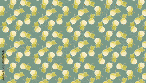 Seamless pattern with green gooseberries on a light blue background.