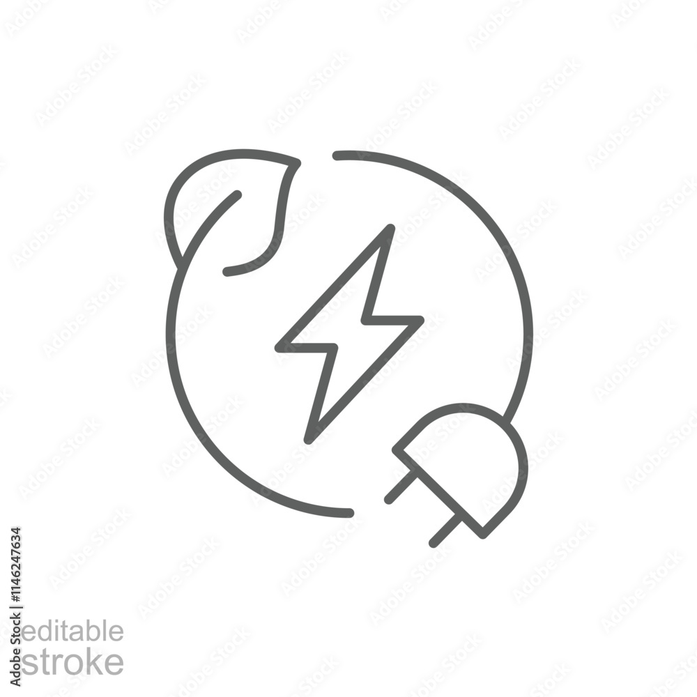 Green eco energy icon. Simple outline style. Clean power, transition, lightning in circle with plant leaf and plug, renewable concept. Thin line symbol. Vector illustration isolated. Editable stroke. Green eco energy icon. Simple outline style. Clean power, transition, lightning in circle with plant leaf and plug, renewable concept. Thin line symbol. Vector illustration isolated. Editable stroke.