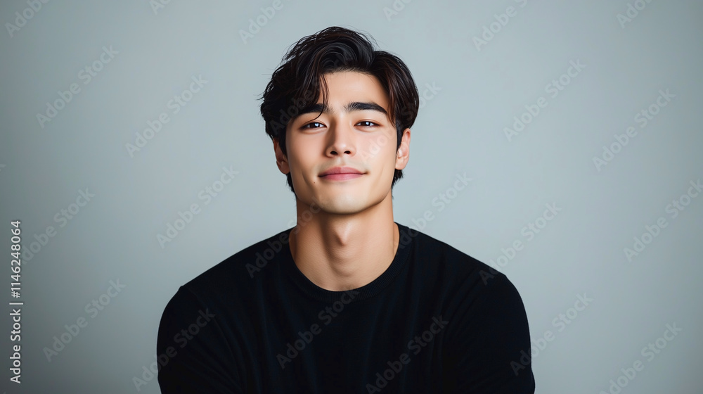 Obraz premium 若くてかっこいいアジア人男性の笑顔のファッションポートレート。
