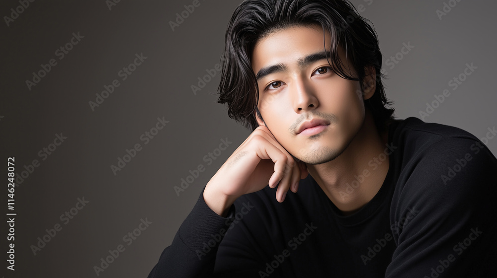 かっこいいアジア人男性の笑顔の広告撮影。大人の魅力が伝わるファッションポートレート。 かっこいいアジア人男性の笑顔の広告撮影。大人の魅力が伝わるファッションポートレート。