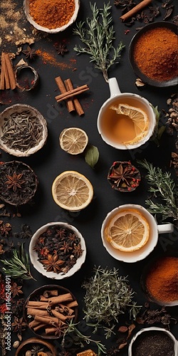 Cup of aromatic tea with spices, herbs, dried fruit orange slices. Top view. Generated AI