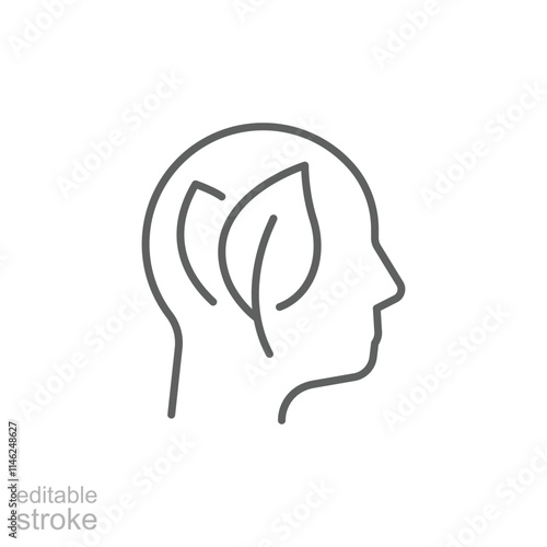 Green thinking icon. Simple outline style. Think green, nature and ecology, person head with leaves, plant, leaf, environment concept. Thin line symbol. Vector illustration isolated. Editable stroke.