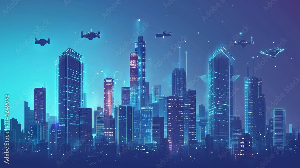 A futuristic city skyline at dusk, with flying cars and skyscrapers lighting up A futuristic city skyline at dusk, with flying cars and skyscrapers lighting up