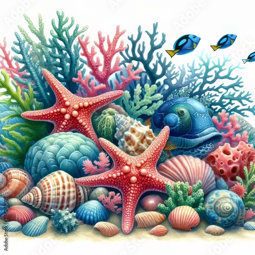 Ocean Life Watercolor marine scene with added seashells and cora photo