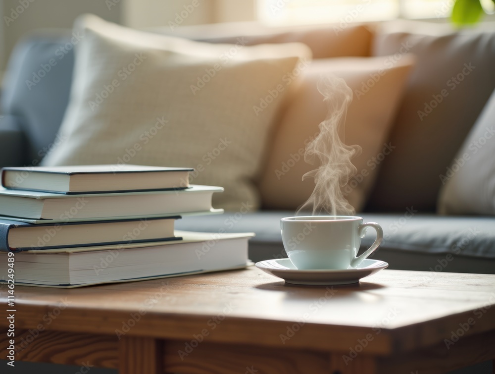 Stack of books beside a steaming cup of coffee on a wooden table in a cozy living room
Stack of books beside a steaming cup of coffee on a wooden table in a cozy living room