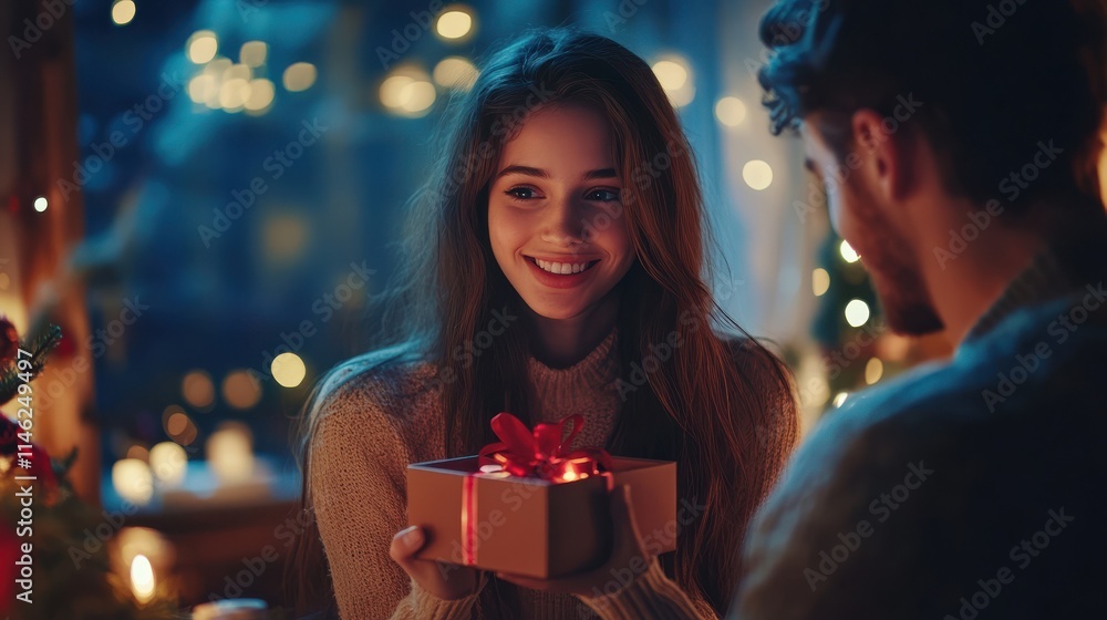 Happy young woman receiving gift box from loving man. Couple in love having fun celebrating Valentines day enjoying romantic dinner date holding present sit at home table. Surprise on Valentine's Day Happy young woman receiving gift box from loving man. Couple in love having fun celebrating Valentines day enjoying romantic dinner date holding present sit at home table. Surprise on Valentine's Day