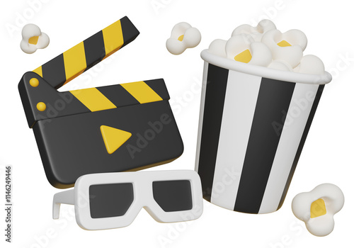 clapperboard with 3D glasses and popcorn 3D graphic