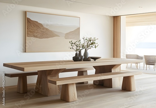 Minimalist, Japandi-style dining room with a large oak wood table and bench, wall art in neutral tones, modern chairs, and abundant natural light. 