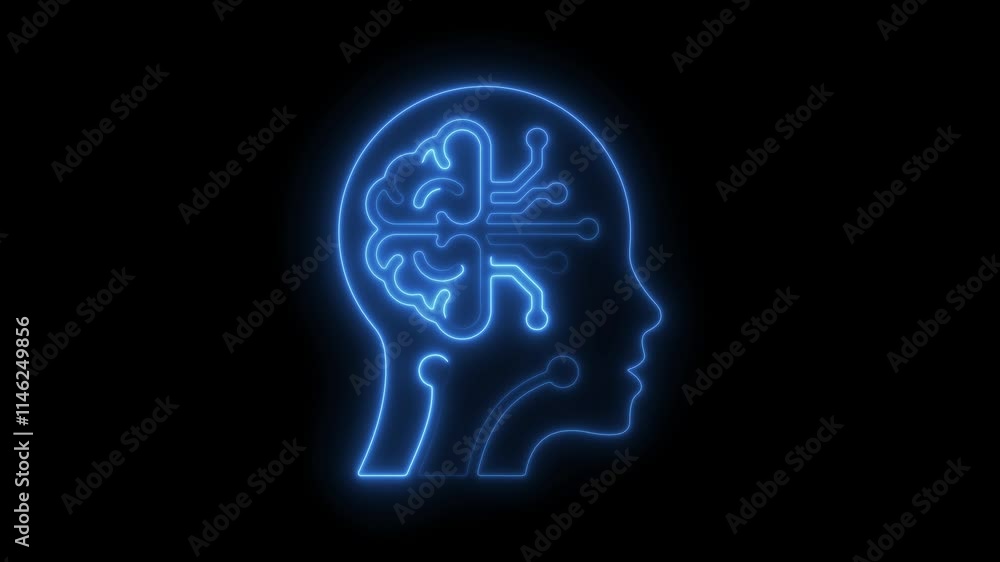 Neon Animation of Human Head with Brain and Circuit, Symbolizing Artificial Intelligence, Technology, and Innovation Neon Animation of Human Head with Brain and Circuit, Symbolizing Artificial Intelligence, Technology, and Innovation