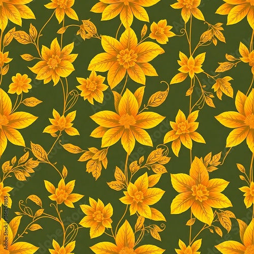 Golden Floral Pattern: A seamless pattern featuring intricate, stylized yellow flowers and leaves on a deep green background. This captivating design offers a timeless elegance.