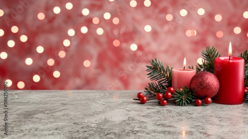 Glossy marble surface holding a candlelit display, a soft-focus romantic background in red tones. photo