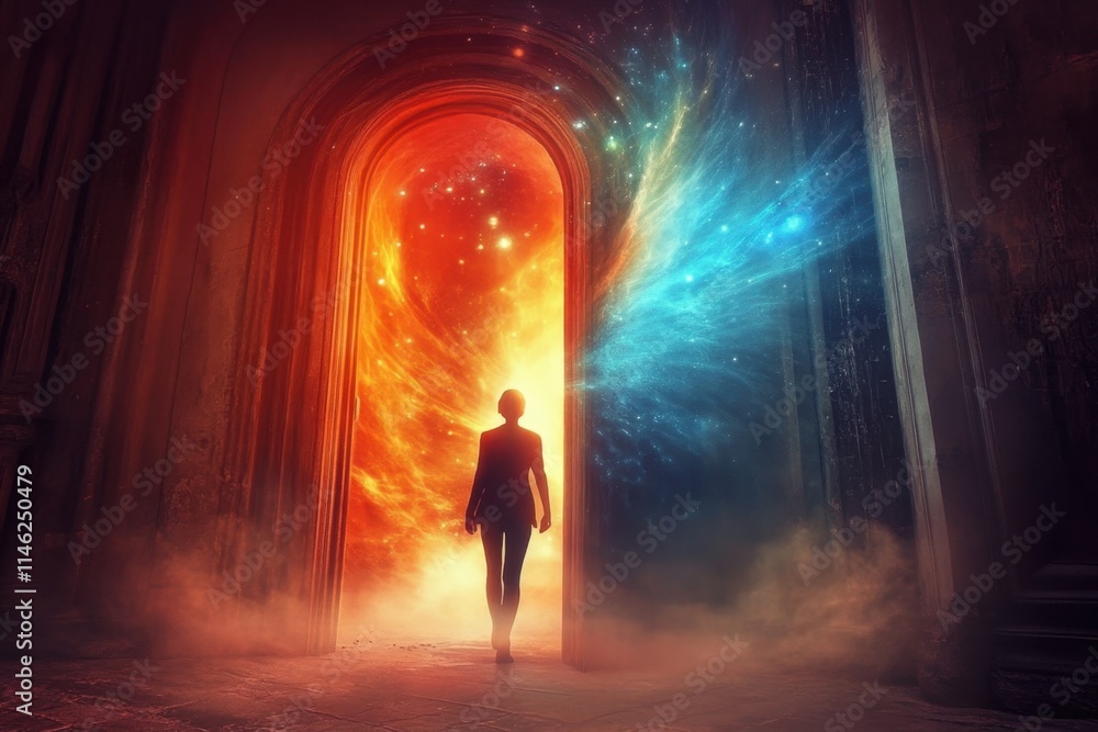 Enigmatic scene of a person and a striking portal. Enigmatic scene of a person and a striking portal.