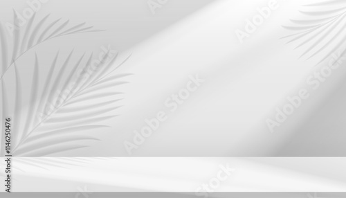 Background white wall kitchen with palm leaves shadow,light from window effect on empty floor for spring product present,Vector 3d Studio Room with leaves shadow,summer sunlight on grey podium display