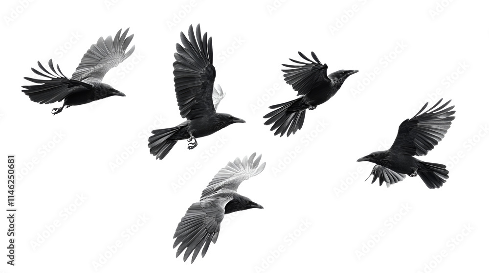 Obraz premium Five Black Crows in Flight Monochrome Avian Artwork