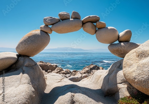 Balanced rocks forming an arch over ocean view. photo