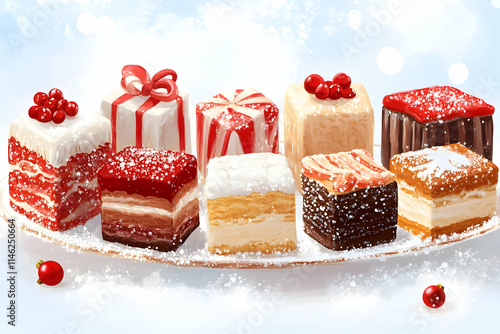 Festive Mini Cakes Winter Wonderland Dessert Platter Holiday Baking. photo