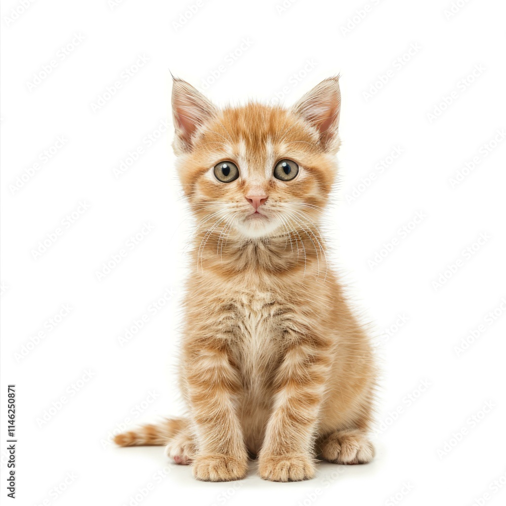 Cute ginger kitten sitting and staring on white background Cute ginger kitten sitting and staring on white background