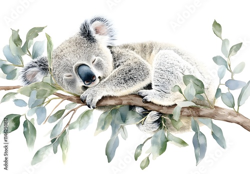 Wallpaper Mural Watercolor koala sitting on an eucalyptus tree branch, in a clipart style, isolated on a white background for removal or mockup.  Torontodigital.ca