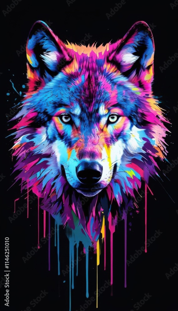 Fototapeta Colorful wolf head vector, paint splatter, black background, T-shirt design,Colorful wolf illustration with vibrant splashes dark background,