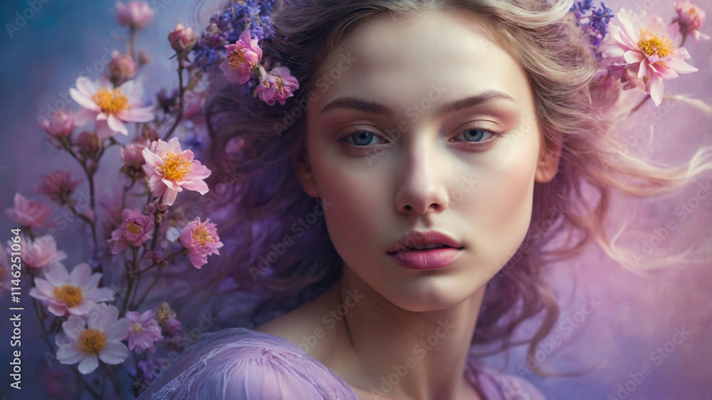 Creative fantasy portrait of a girl surrounded by flowers. Concept of dream, meditation, transcendent conscience and creative mind. Creative fantasy portrait of a girl surrounded by flowers. Concept of dream, meditation, transcendent conscience and creative mind.