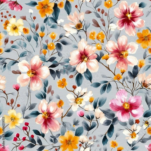 Garden Watercolor Floral Seamles Pattern, Hand painted Watercolor, Wildflowers, Twigs, Leaves, Buds. Design for fashion , fabric, textile, wallpaper, cover, web , wrapping and all prints