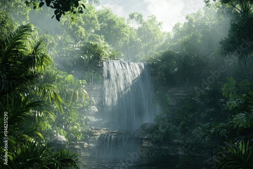 Tropical rainforest with a cascading waterfall photo