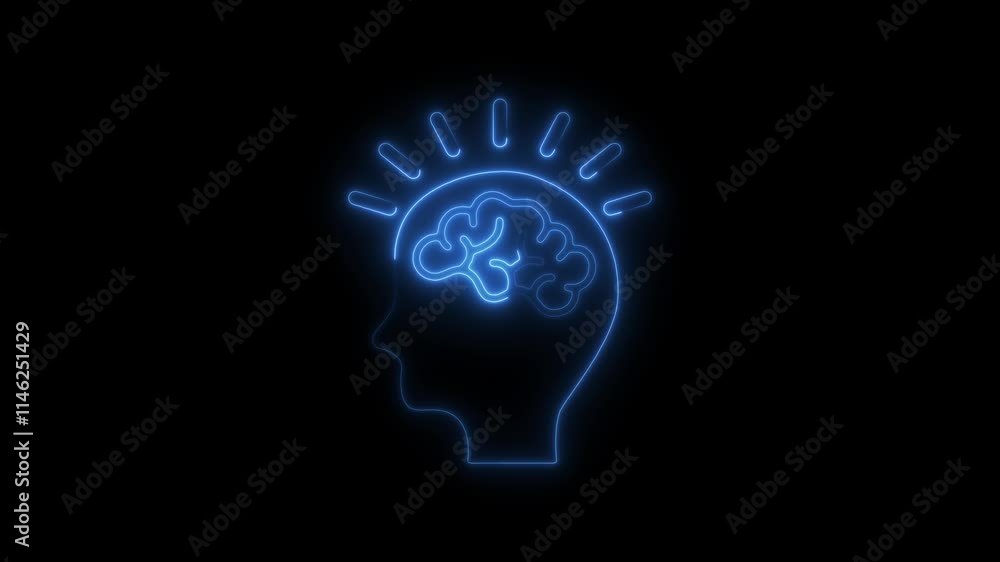 Neon Animation of Human Head with Glowing Brain and Rays, Symbolizing Ideas, Creativity, and Innovation Neon Animation of Human Head with Glowing Brain and Rays, Symbolizing Ideas, Creativity, and Innovation