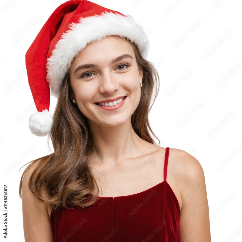 mature woman wearing a Christmas hat, long hair, wearing a red dress, happy face. white background. ai generator mature woman wearing a Christmas hat, long hair, wearing a red dress, happy face. white background. ai generator