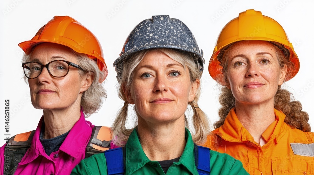 Three female construction workers in hard hats. Three female construction workers in hard hats.